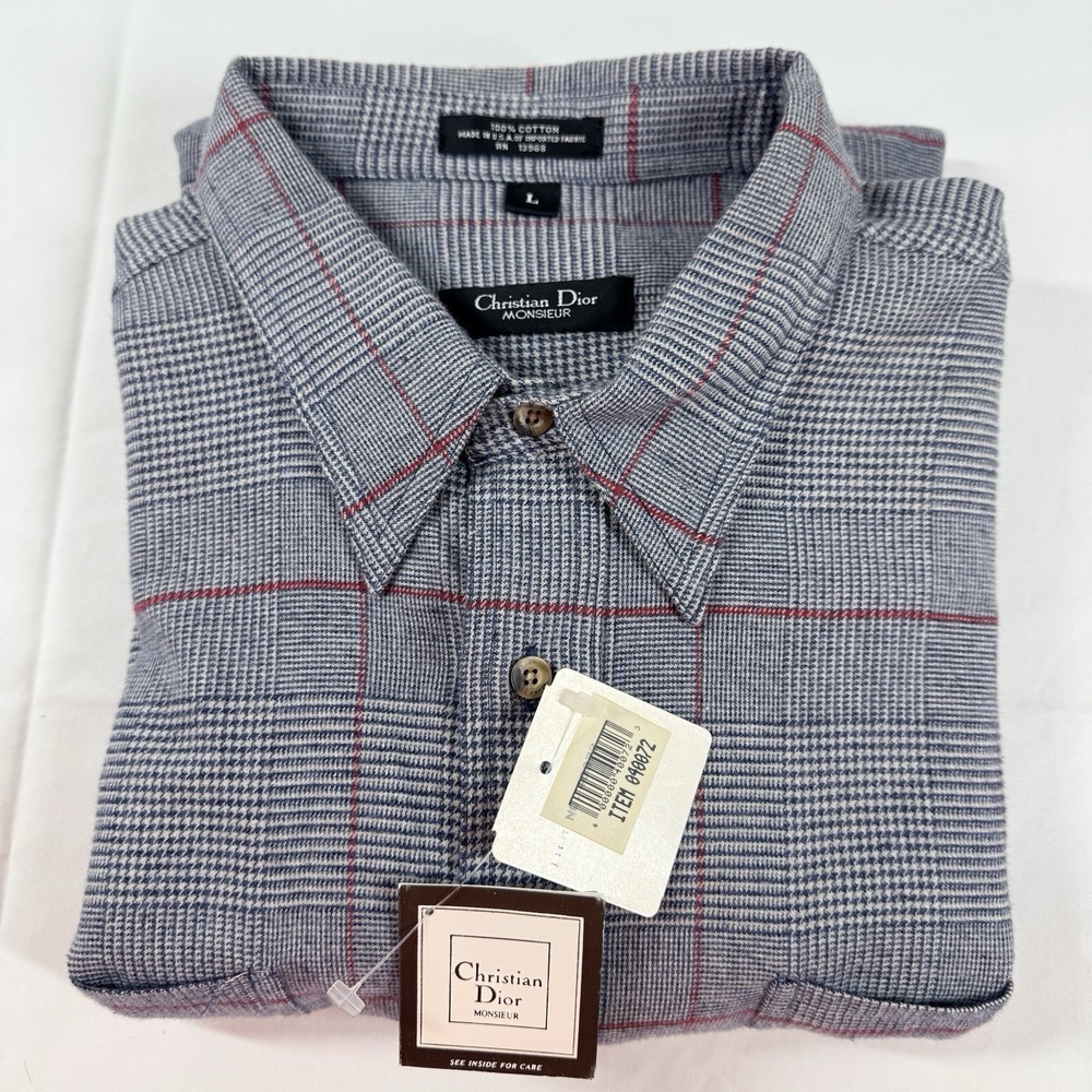 Vintage Christian Dior Monsieur Plaid Shirt Mens L Cotton Button Up USA 90s - Picture 14 of 14